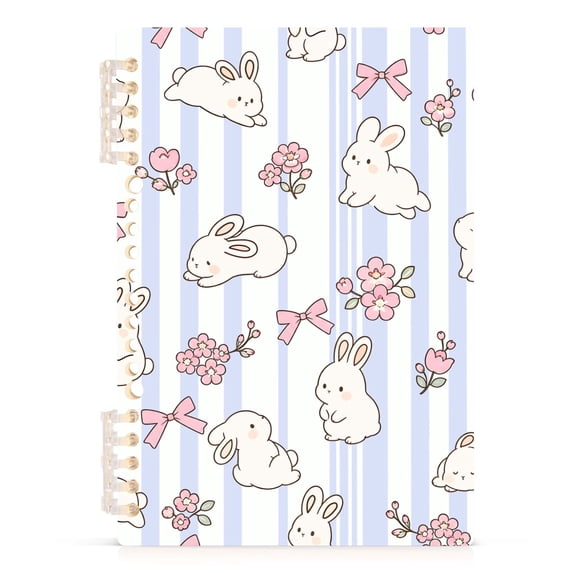 Haosy Rabbit Flower Bow Stripes Notebooks 1-subject Journal 60 Sheets A5 College Ruled Paper Detachable Ring 8.3"x5.7"