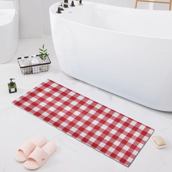 Haosy Red and White Checkered Bathroom Rugs Non Slip Absorbent Soft Plush Quick Dry Bath Mat, 39"x20"