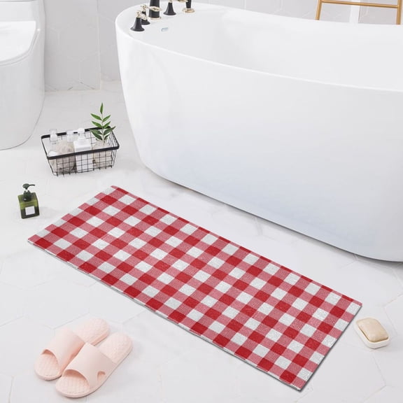 Haosy Red and White Checkered Bathroom Rugs Non Slip Absorbent Soft Plush Quick Dry Bath Mat, 39"x20"