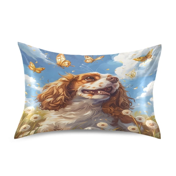 Haosy Satin Pillowcase for Hair and Skin Standard Cooling Silk Pillow Case with Envelope Closure Beagle Dog and Butterfly 20"x26"