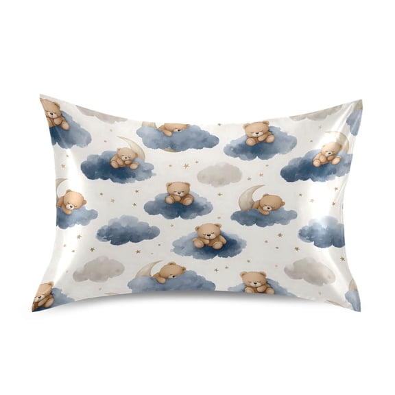 Haosy Satin Pillowcase for Hair and Skin Standard Cooling Silk Pillow Case with Envelope Closure Bears Sleep on Cloud Moon 20"x26"