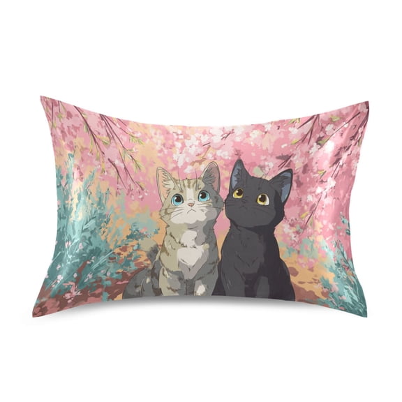 Haosy Satin Pillowcase for Hair and Skin Standard Cooling Silk Pillow Case with Envelope Closure Cats Pink Cherry Blossoms 20"x30"