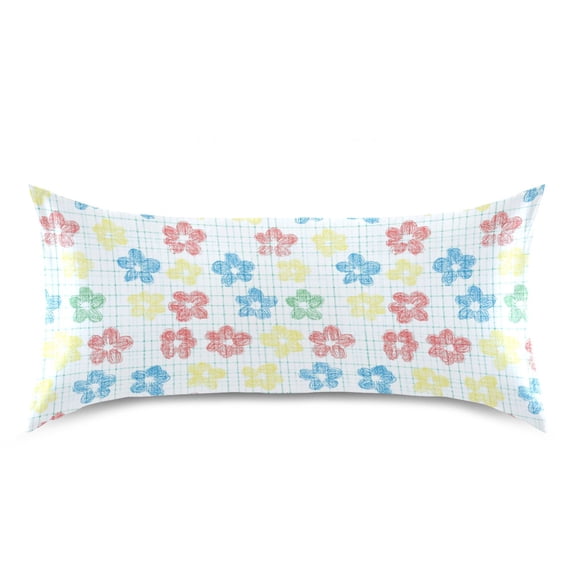 Haosy Satin Pillowcase for Hair and Skin Standard Cooling Silk Pillow Case with Envelope Closure Checkered Stripes with Hand Drawn Flower 20"x40"