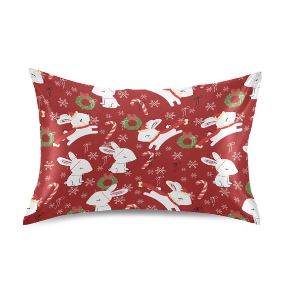 Haosy Satin Pillowcase for Hair and Skin Standard Cooling Silk Pillow Case with Envelope Closure Christmas Wreath Rabbit Snow 20"x26"
