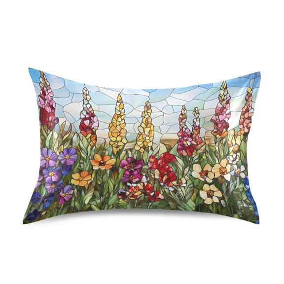 Haosy Satin Pillowcase for Hair and Skin Standard Cooling Silk Pillow Case with Envelope Closure Colored Glass Flowers 20"x26"