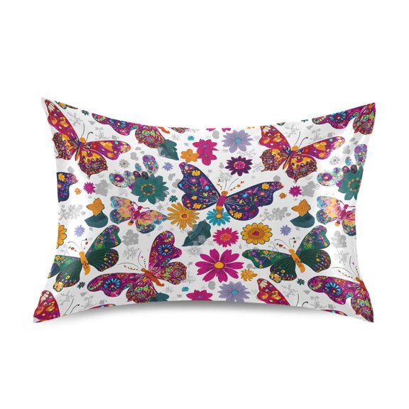 Haosy Satin Pillowcase for Hair and Skin Standard Cooling Silk Pillow Case with Envelope Closure Colorful Butterflies and Flowers 20"x26"