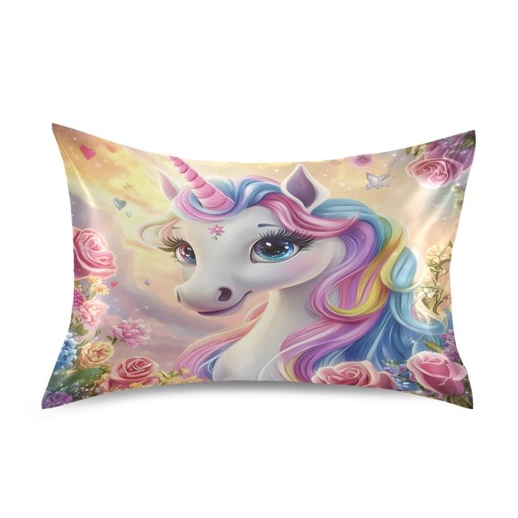 Haosy Satin Pillowcase for Hair and Skin Standard Cooling Silk Pillow Case with Envelope Closure Colorful Cute Unicorn and Flower 20"x26"