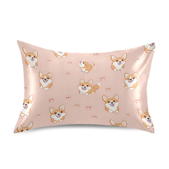 Haosy Satin Pillowcase for Hair and Skin Standard Cooling Silk Pillow Case with Envelope Closure Corgi and Footprints 20"x26"