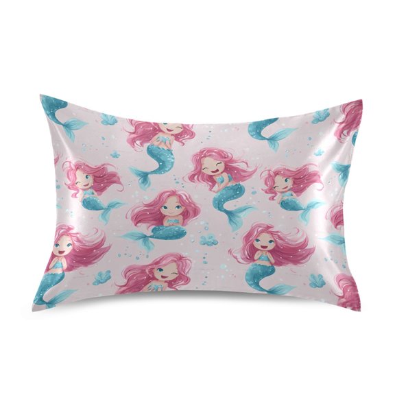 Haosy Satin Pillowcase for Hair and Skin Standard Cooling Silk Pillow Case with Envelope Closure Cute Cartoon Mermaid 20"x26"