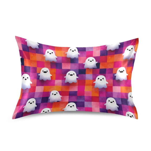 Haosy Satin Pillowcase for Hair and Skin Standard Cooling Silk Pillow Case with Envelope Closure Cute Ghost on Checkered 20"x26"