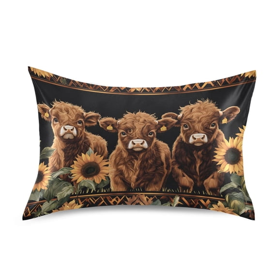 Haosy Satin Pillowcase for Hair and Skin Standard Cooling Silk Pillow Case with Envelope Closure Highland Cow and Sunflower 20"x26"