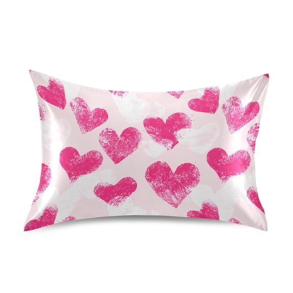 Haosy Satin Pillowcase for Hair and Skin Standard Cooling Silk Pillow Case with Envelope Closure Pink White Hand Drawn Hearts 20"x26"