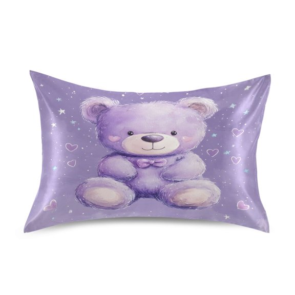Haosy Satin Pillowcase for Hair and Skin Standard Cooling Silk Pillow Case with Envelope Closure Purple Bear with Star Heart 20"x26"