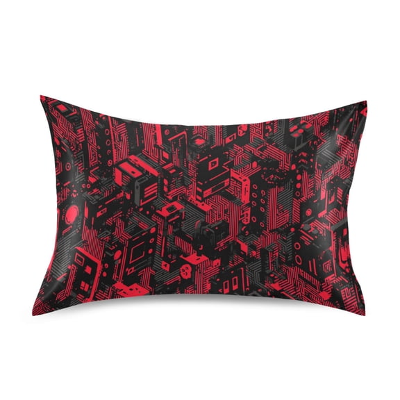 Haosy Satin Pillowcase for Hair and Skin Standard Cooling Silk Pillow Case with Envelope Closure Red Black Pixel Cyberpunk Cityscape 20"x26"