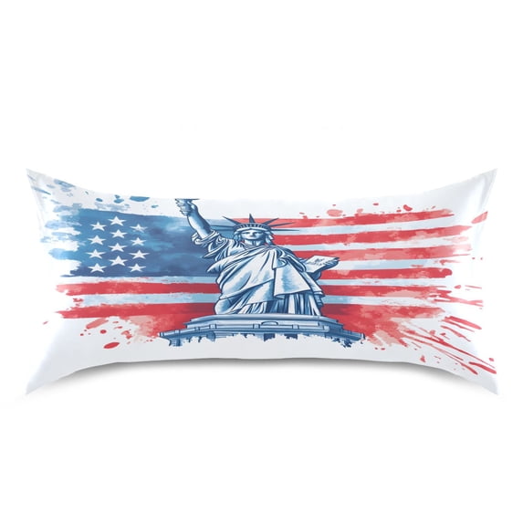 Haosy Satin Pillowcase for Hair and Skin Standard Cooling Silk Pillow Case with Envelope Closure Statue Of Liberty with Flag 20"x40"