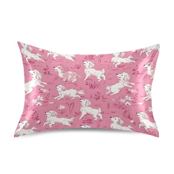 Haosy Satin Pillowcase for Hair and Skin Standard Cooling Silk Pillow Case with Envelope Closure White Dogs on Pink Grass 20"x26"