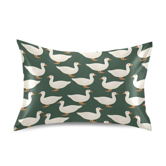 Haosy Satin Pillowcase for Hair and Skin Standard Cooling Silk Pillow Case with Envelope Closure White Duck on Green 20"x30"