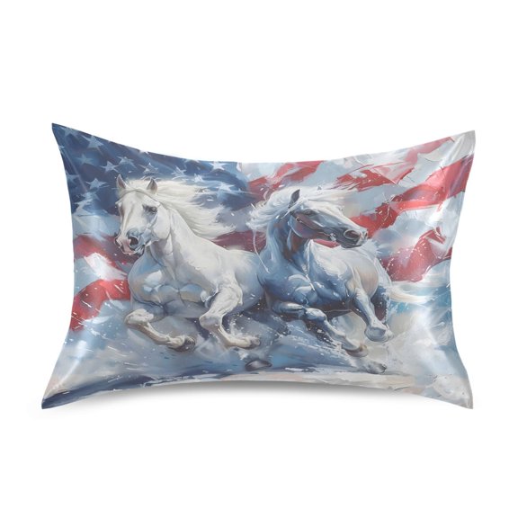Haosy Satin Pillowcase for Hair and Skin Standard Cooling Silk Pillow Case with Envelope Closure White Horse American Flag 20"x26"