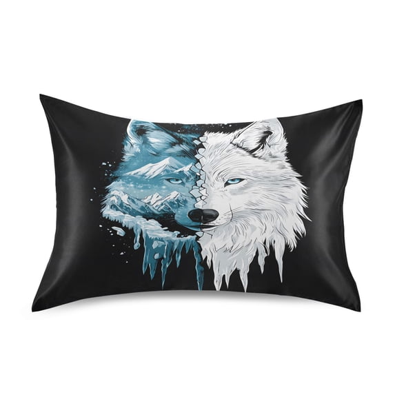 Haosy Satin Pillowcase for Hair and Skin Standard Cooling Silk Pillow Case with Envelope Closure White and Ice Wolf Face 20"x26"