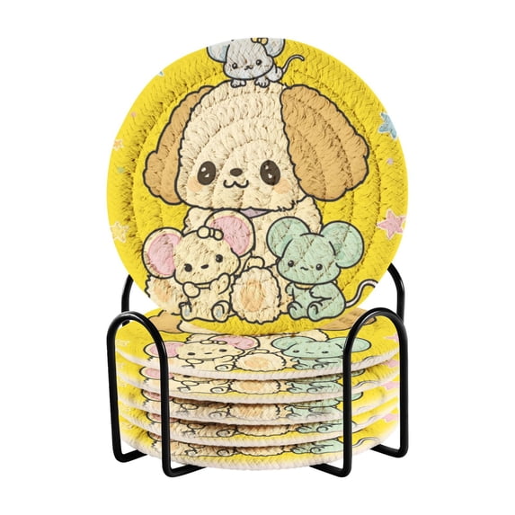 Haosy Set of 6 Drink Woven Coaster with Holder Heat Resistant Non-Slip Bar Coasters 4 Inches Adorable Dog and Mouse