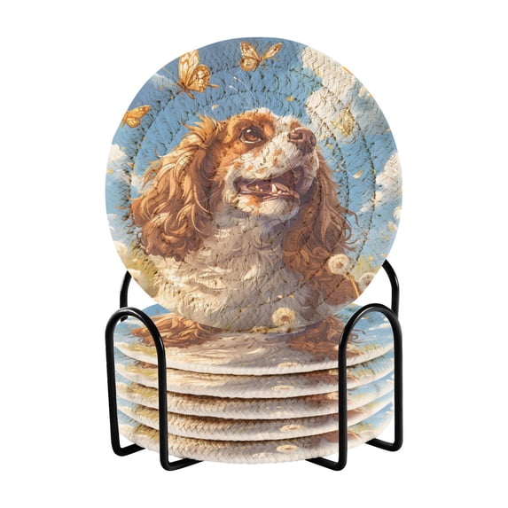 Haosy Set of 6 Drink Woven Coaster with Holder Heat Resistant Non-Slip Bar Coasters 4 Inches Beagle Dog and Butterfly