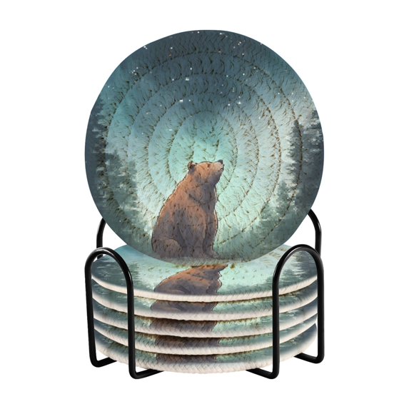 Haosy Set of 6 Drink Woven Coaster with Holder Heat Resistant Non-Slip Bar Coasters 4 Inches Bear in Forest Night Sky Stars