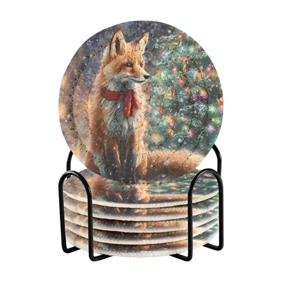 Haosy Set of 6 Drink Woven Coaster with Holder Heat Resistant Non-Slip Bar Coasters 4 Inches Beautiful Fox with Christmas Tree