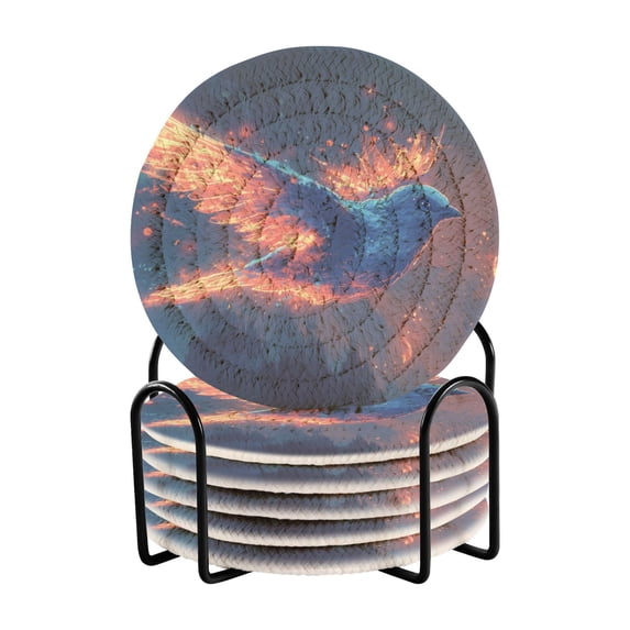 Haosy Set of 6 Drink Woven Coaster with Holder Heat Resistant Non-Slip Bar Coasters 4 Inches Blue Bird with Lighte Feathers