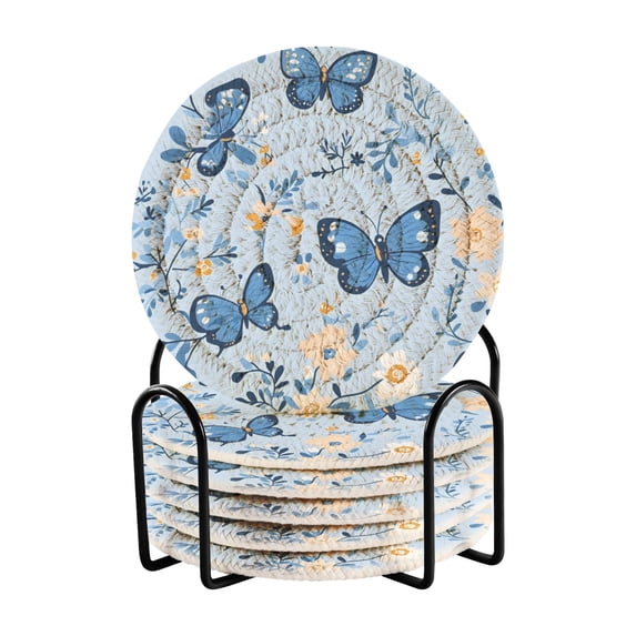 Haosy Set of 6 Drink Woven Coaster with Holder Heat Resistant Non-Slip Bar Coasters 4 Inches Blue Butterflies and Flowers