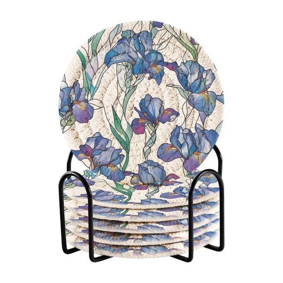 Haosy Set of 6 Drink Woven Coaster with Holder Heat Resistant Non-Slip Bar Coasters 4 Inches Blue Irises Colored Glass