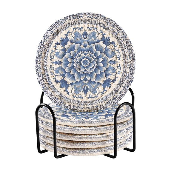 Haosy Set of 6 Drink Woven Coaster with Holder Heat Resistant Non-Slip Bar Coasters 4 Inches Blue Porcelain Chrysanthemum