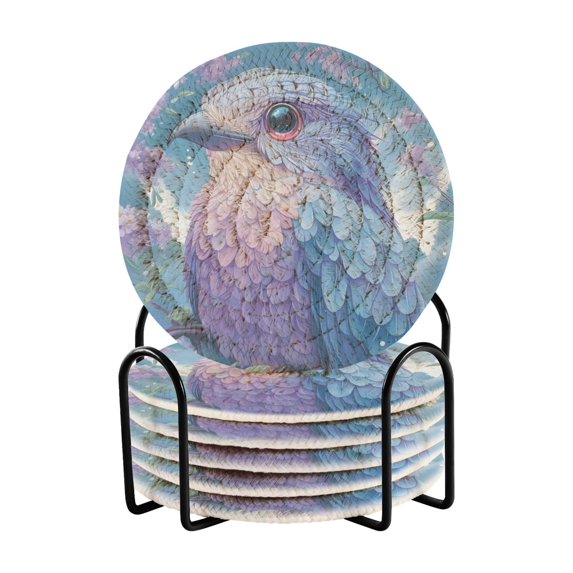 Haosy Set of 6 Drink Woven Coaster with Holder Heat Resistant Non-Slip Bar Coasters 4 Inches Blue Purple Bird and Flower