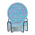 thumbnail image 1 of Haosy Set of 6 Drink Woven Coaster with Holder Heat Resistant Non-Slip Bar Coasters 4 Inches Blue Stripes with Cute Flowers, 1 of 7