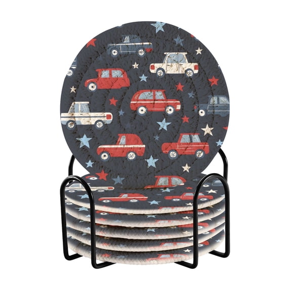 Haosy Set of 6 Drink Woven Coaster with Holder Heat Resistant Non-Slip Bar Coasters 4 Inches Cartoon Car and Star