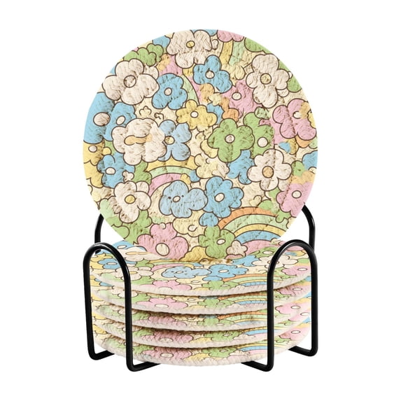Haosy Set of 6 Drink Woven Coaster with Holder Heat Resistant Non-Slip Bar Coasters 4 Inches Cartoon Flower Rainbow