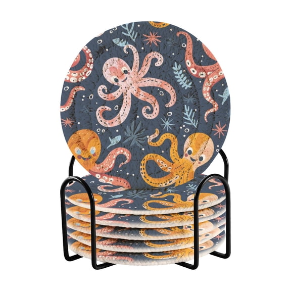 Haosy Set of 6 Drink Woven Coaster with Holder Heat Resistant Non-Slip Bar Coasters 4 Inches Cartoon Funny Octopus