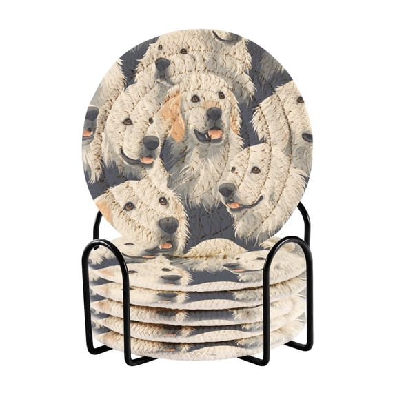Haosy Set of 6 Drink Woven Coaster with Holder Heat Resistant Non-Slip Bar Coasters 4 Inches Cartoon Golden Retriever
