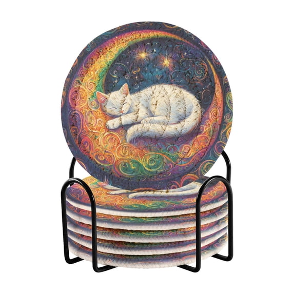 Haosy Set of 6 Drink Woven Coaster with Holder Heat Resistant Non-Slip Bar Coasters 4 Inches Cat Laying on Moon