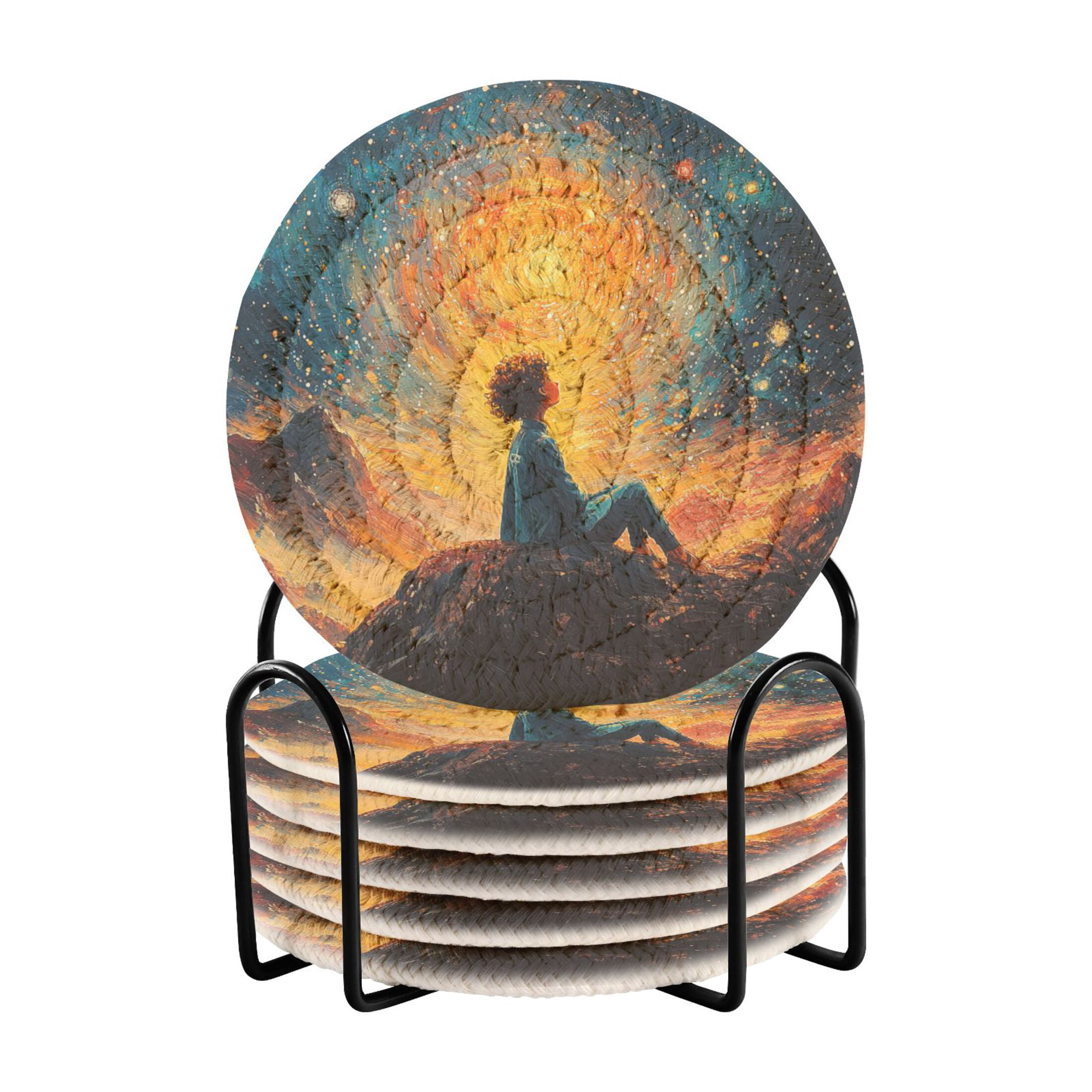 Haosy Set of 6 Drink Woven Coaster with Holder Heat Resistant Non-Slip ...