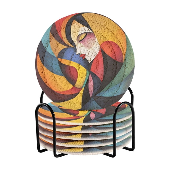 Haosy Set of 6 Drink Woven Coaster with Holder Heat Resistant Non-Slip Bar Coasters 4 Inches Colorful Abstract Woman Paint