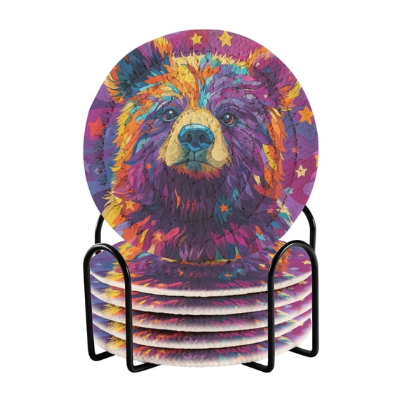 Haosy Set of 6 Drink Woven Coaster with Holder Heat Resistant Non-Slip Bar Coasters 4 Inches Colorful Bear and Star