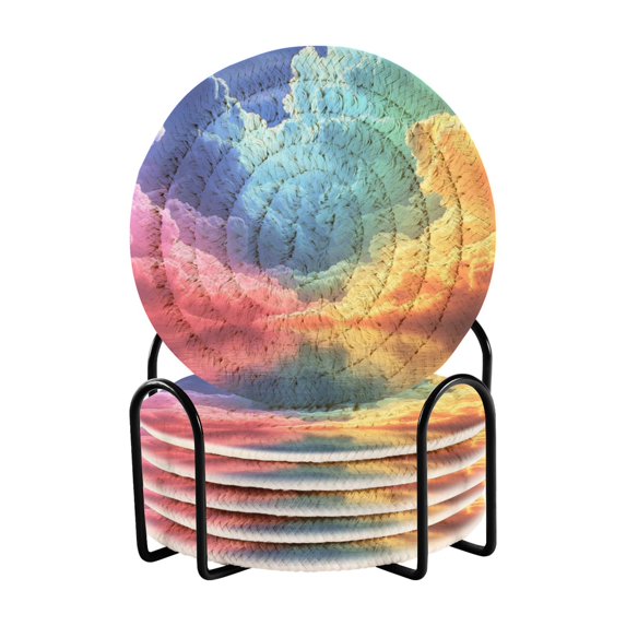 Haosy Set of 6 Drink Woven Coaster with Holder Heat Resistant Non-Slip Bar Coasters 4 Inches Colorful Clouds over Water