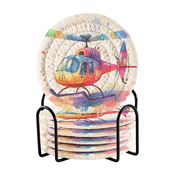 Haosy Set of 6 Drink Woven Coaster with Holder Heat Resistant Non-Slip Bar Coasters 4 Inches Colorful Helicopter