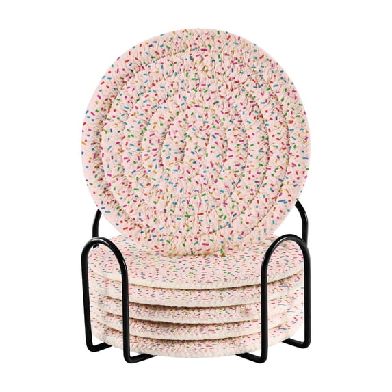 Haosy Set of 6 Drink Woven Coaster with Holder Heat Resistant Non-Slip Bar Coasters 4 Inches Colorful Sprinkles