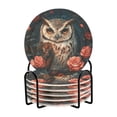 thumbnail image 1 of Haosy Set of 6 Drink Woven Coaster with Holder Heat Resistant Non-Slip Bar Coasters 4 Inches Cool Owl with Rose, 1 of 7