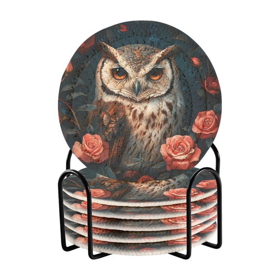Haosy Set of 6 Drink Woven Coaster with Holder Heat Resistant Non-Slip Bar Coasters 4 Inches Cool Owl with Rose