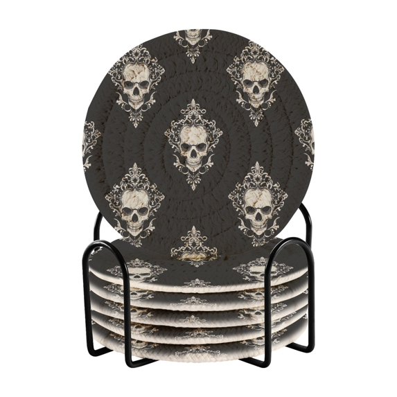 Haosy Set of 6 Drink Woven Coaster with Holder Heat Resistant Non-Slip Bar Coasters 4 Inches Cool Skulls Filigree