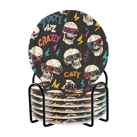 Haosy Set of 6 Drink Woven Coaster with Holder Heat Resistant Non-Slip Bar Coasters 4 Inches Crazy Cool Skull