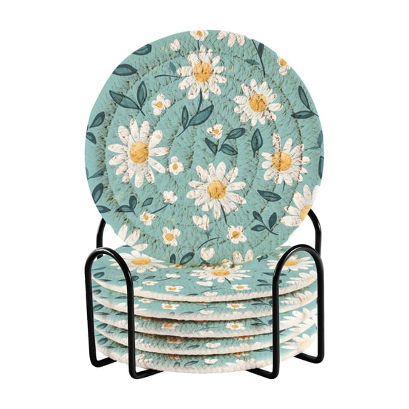 Haosy Set of 6 Drink Woven Coaster with Holder Heat Resistant Non-Slip Bar Coasters 4 Inches Cute Adorable Daisies and Leaves
