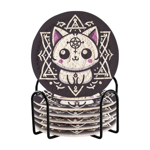 Haosy Set of 6 Drink Woven Coaster with Holder Heat Resistant Non-Slip Bar Coasters 4 Inches Cute Cat with Hexagram